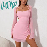 Lunivop Summer Bodycon Long Sleeve Mesh Dress Elegant Casual Halter Holiday Party Dresses Lined